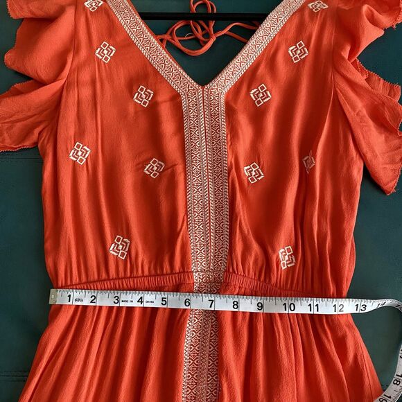 Moon River Anthropologie Orange Embroidered Boho Midi Dress size Medium - Picture 6 of 16